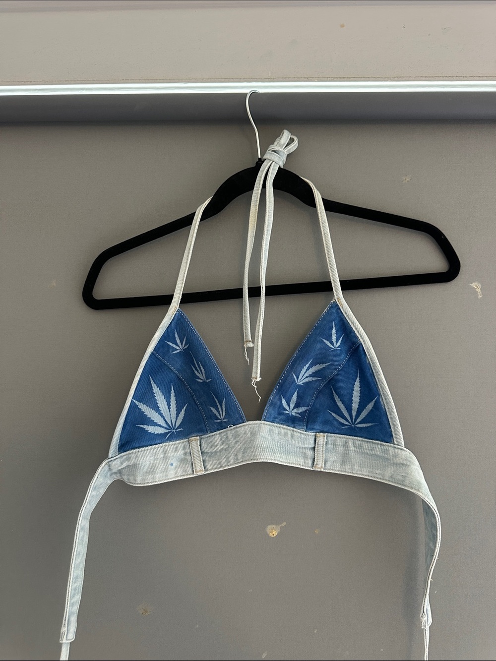 420 Friendly Denim Bikini Triangle Top with Blue Leaf Print